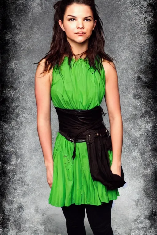 Image similar to fantasy character photo. facial expression of manic obsessive love. danielle campbell. black hair in ponytail. bright blue eyes. tall, lanky, athletic, wiry. sleeveless light green dress. gleefully telling a bs story full of lies