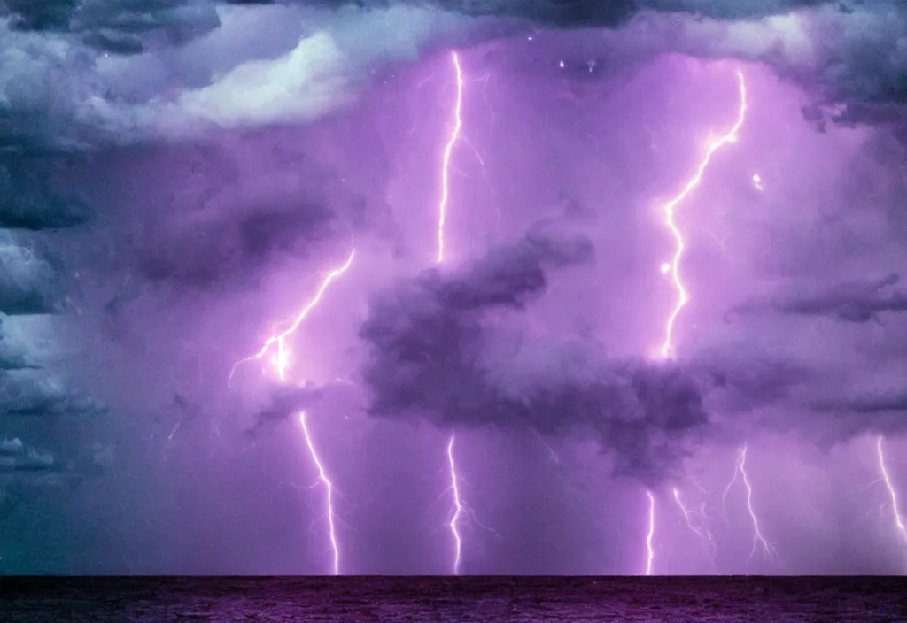 Image similar to purple color lighting storm with stormy sea,pirate ship firing its cannons with a water spout in the background. trippy nebula sky 50mm shot, fear and loathing movie