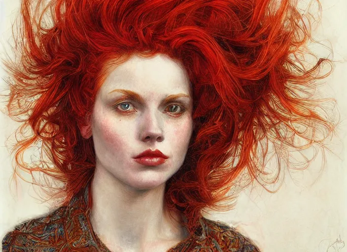 Image similar to a highly detailed beautiful portrait of woman with flaming fiery hair, james gurney, james jean