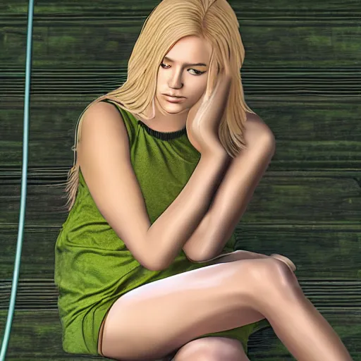 Prompt: a young woman with long blond hair sitting on a green bench with her head in her hands, digital art, deviant art