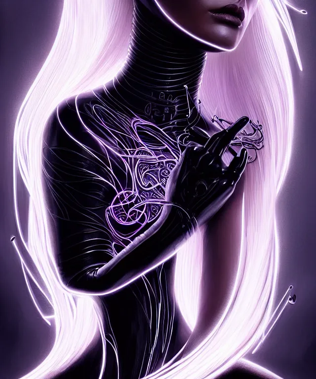 Image similar to Supermodel woman turning into an Android portrait, dark surrealism , scifi, intricate, elegant, sharp black neon eyebrows, ornate long flowing platinum blonde hair and small black streaks, highly detailed cybernetic body, neon glowing eyes, digital painting, artstation, concept art, smooth, sharp focus, illustration, art by Artgerm and moebius and Peter Mohrbacher