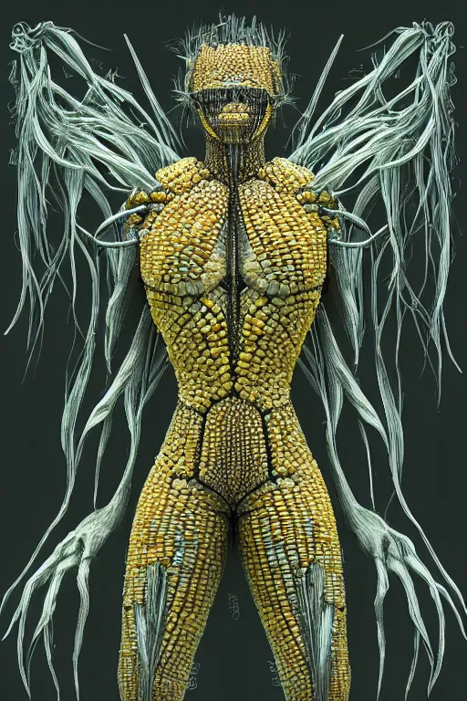 Prompt: corn dandelion humanoid figure monster, symmetrical, highly detailed, digital art, sharp focus, trending on art station, amber eyes, elemental glowing