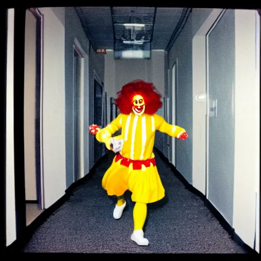 Prompt: A creepy photo of Ronald McDonald chasing you in an empty hallway, disposable film