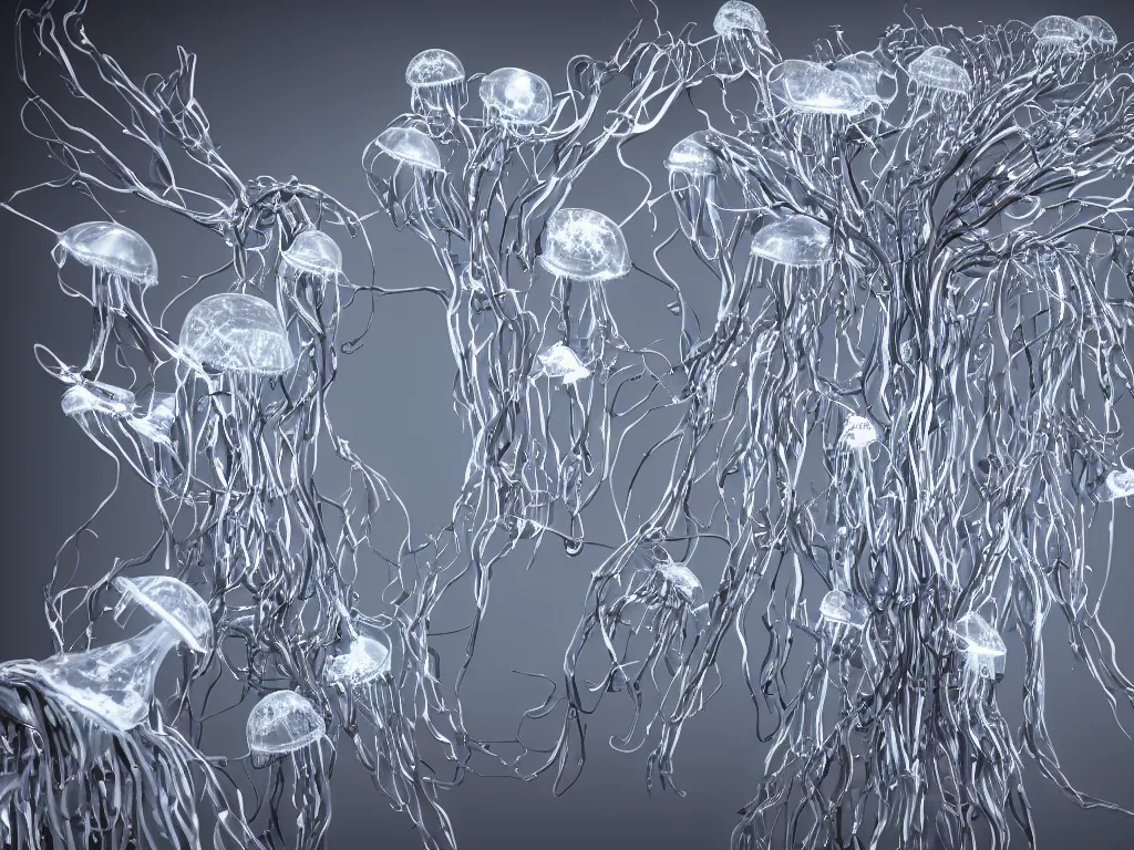 Prompt: 8 k, surrealistic, sharp focus, super resolution, side view a group of robot mechanical sense jellyfish growing form tree branch, c 4 d, cleaning future, highly quality penetrating feeling bright light, cg, cyberpunk, symmetric, style by andy warhol