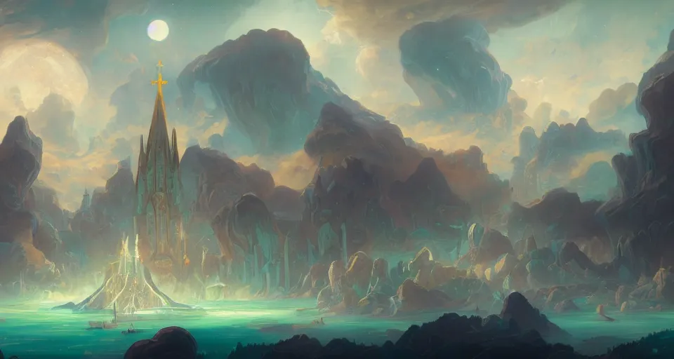 Image similar to church on Jupiter by peter mohrbacher, vivid colors, matte painting, 8K, concept art, mystical color scheme, trending on artstation