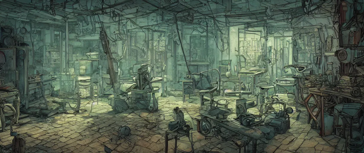 Image similar to abandoned laboroatory from early xx century faded out colors place mosquet painting digital illustration hdr stylized digital illustration video game icon global illumination ray tracing advanced technology that looks like it is from borderlands and by feng zhu and loish and laurie greasley, victo ngai, andreas rocha, john harris