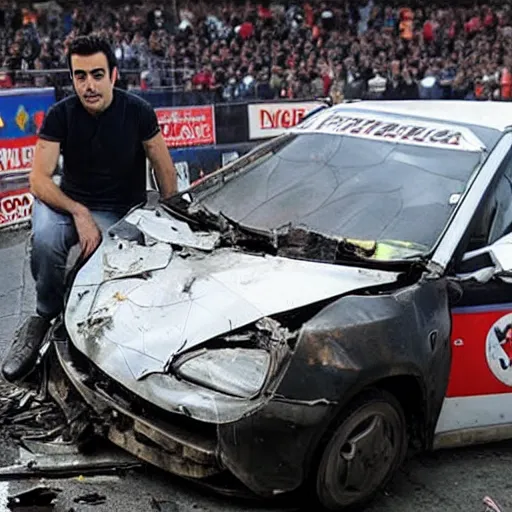 Image similar to xavi hernandez next to a crashed car, in estadio de vallecas