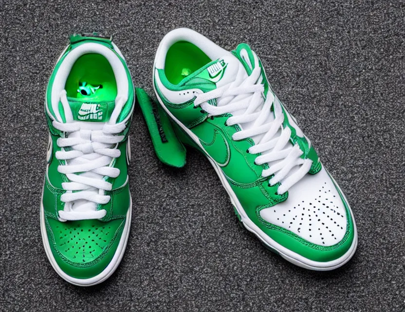 Image similar to a press photograph of nike dunk low pine green and white, size 1 0, white background