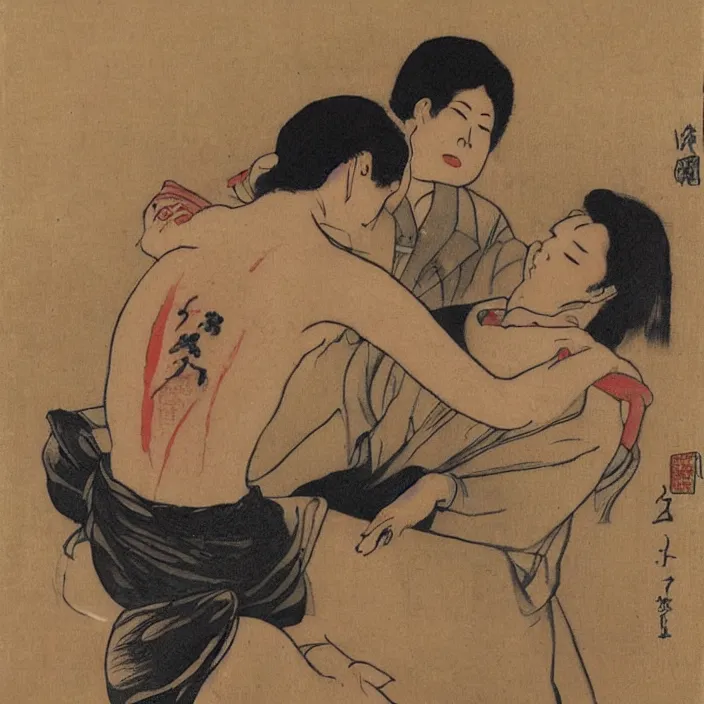 Prompt: man making a tattoo on the back of a woman. painting by hashiguchi goyo