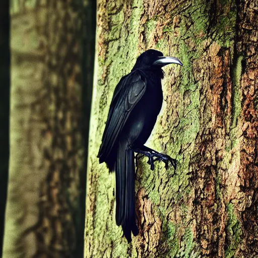 Image similar to mixture between a!!!! human and crow, photograph captured in a forest