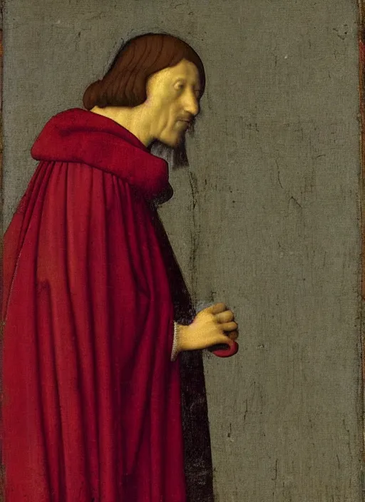 Image similar to Profile of Fallen Angel dressed in red, Medieval painting by Jan van Eyck, Johannes Vermeer, Florence