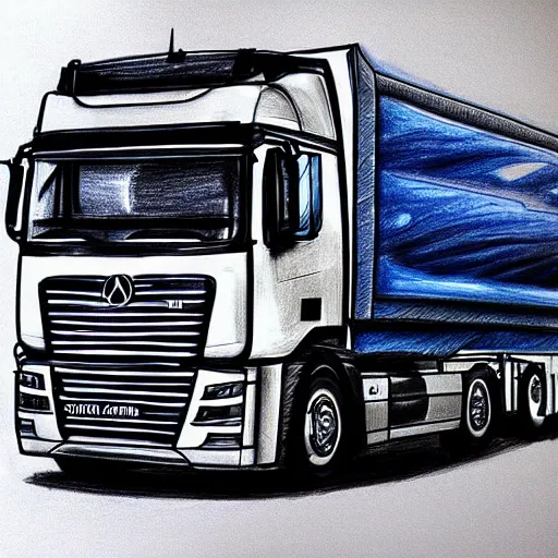 Prompt: an awesome drawing with camion by peter klasen