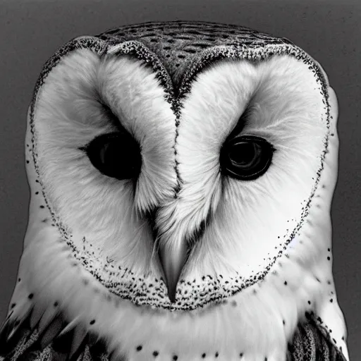 Prompt: a portrait of a sickly barn owl's face stained messily, hyperrealism, black and white