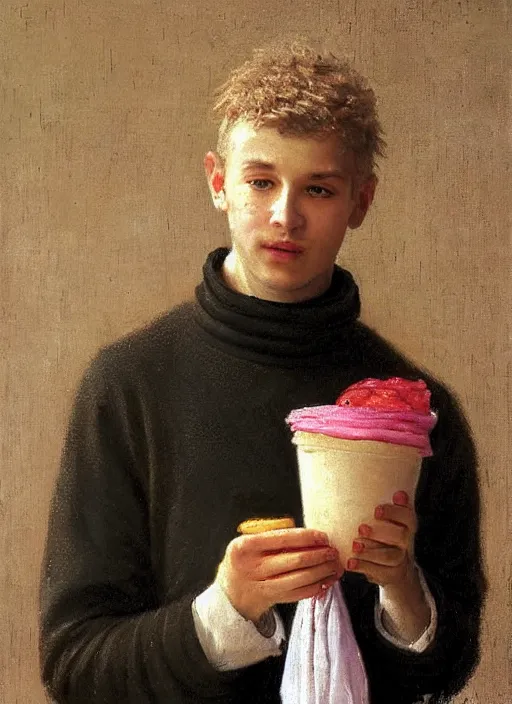 Image similar to a 1 4 th century monk wearing a turtle neck sweater at a mcdonalds by vladimir volegov and alexander averin and pierre auguste cot and delphin enjolras