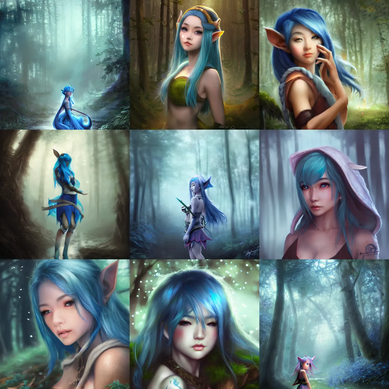 Prompt: breathtaking concept art of beautiful young Asian elf woman with elf ears and blue hair in a hazy forest at night in the rain, dark and moody lighting, brilliant use of light and shadow, by Artgerm, cinematic, epic scene, 8K, trending on Artstation