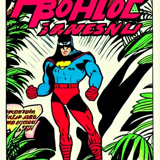 Prompt: 1 9 8 0 s comic book title cover scan, highly detailed professional comic art, sharp detailed, featuring a portrait of bull as a superhero in the jungle with exotic flowers and birds, profile picture, 8 0 s sci - fi comic art