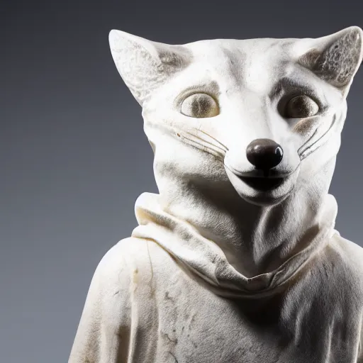 Image similar to close - up museum photo of an ancient white marble statue of a fox in a hoodie, greece, studio lighting, professional, promo,