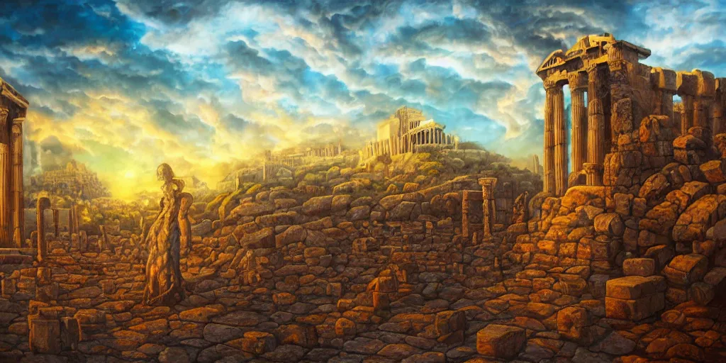 Prompt: fantasy oil painting, megalithic city of athens, fantasy, buildings, colossal, gate, looming, small buildings, warm lighting, street view, daytime, silhouetted figure standing overlooking the port city, epic, distant mountains, bright clouds, luminous sky, cinematic lighting, michael cheval, michael whelan, artstation, oil painting, vray, 8 k hd