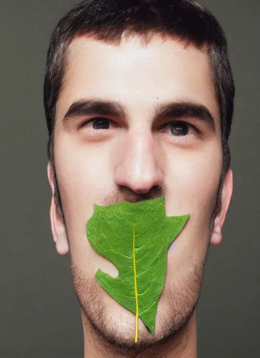 Image similar to a fashion portrait photograph of a man with a leaf on his face designed by stanley kubric, pastel colors, 3 5 mm, color film camera, studio lighting, pentax