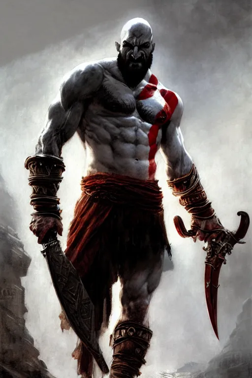Prompt: god of war kratos half body detailed portrait dnd, painting, brush strokes by gaston bussiere, craig mullins, greg rutkowski, yoji shinkawa