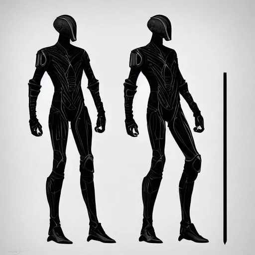 Image similar to concept art, stylized silhouette, long thin legs, large shoulders, concept design, sketch, male, science fiction suit, helmet, arthur rackham, trending on artstation