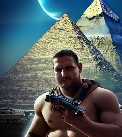 Image similar to a beefy man with a machine gun, egyptian pyramid in the background, 4 k, sharp focus, real life photo, highly detailed, cinematic, photorealistic, cyberpunk, book cover