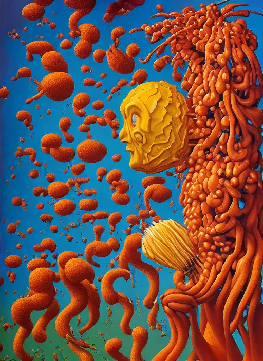 Image similar to hyper detailed Oil painting - Jimmy Carr Eats of the Strangling Fruit and His gossamer polyp blossoms bring iridescent fungal flowers whose spores black the foolish stars by Jacek Yerka, Mariusz Lewandowski, Abstract brush strokes, Masterpiece, Edward Hopper and James Gilleard, Zdzislaw Beksinski, Mark Ryden, Wolfgang Lettl, hints of Yayoi Kasuma