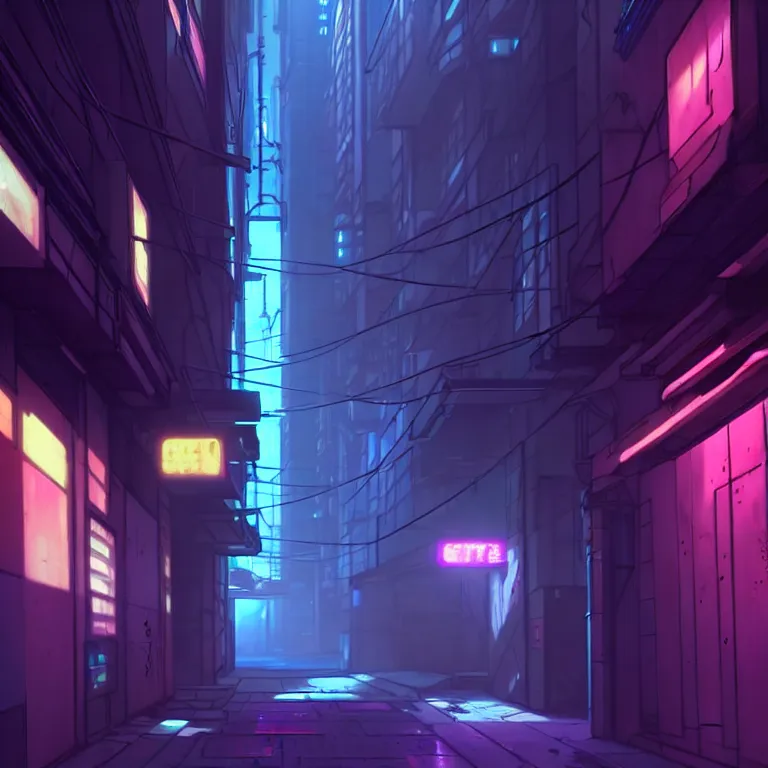 Image similar to city alleyway in the atmospheric cyberpunk anime film, gouache matte background painting, neon noir, at night with lights, by makoto shinkai, in the anime series ergo proxy, beautiful specular edge highlights and rim lighting