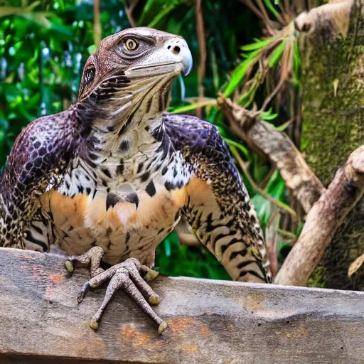 Image similar to Hawk and iguana hybrid animal, highly detailed photo taken at zoo,