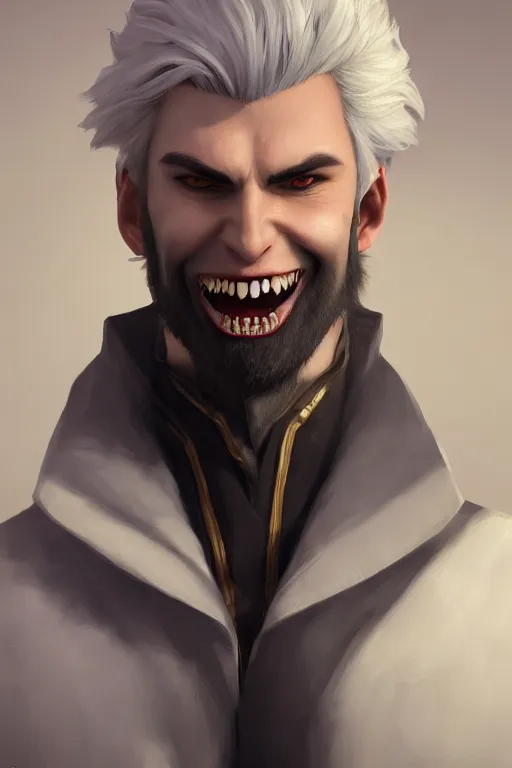 Image similar to highly detailed painting of a smug smiling male vampire by kuvshinov Ilya and Roset Conrad, handsome face, dark coat, white hair, golden eyes, highly detailed, trending on artstation, cgsociety, pixiv, 4k, 8k, HDR, octane render, unreal engine