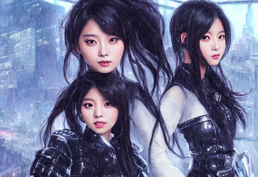 Image similar to portrait tzuyu from twice + black hair of futuristic female police, black armored uniform, at rooftop futuristic colorpunk tokyo rainy night, ssci - fi and fantasy, intricate and very very very beautiful, highly detailed, digital painting, artstation, concept art, smooth and sharp focus, illustration, art by tian zi and wlop and alphonse mucha