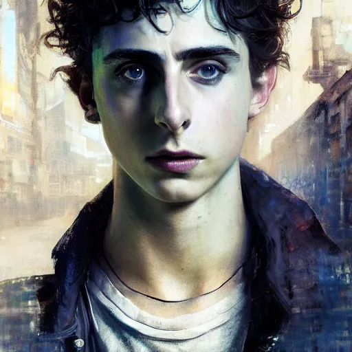 Image similar to timothee chalamet, hyperrealistic portrait, bladerunner street, art of elysium by jeremy mann and alphonse mucha, fantasy art, photo realistic, dynamic lighting, artstation, poster, volumetric lighting, very detailed face, 4 k, award winning