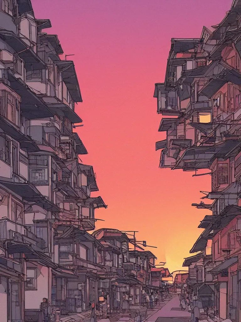 Image similar to a digital art of a close up view of a japanese street of low houses, pedestrians, sunset, beautiful sky and clouds, by laurie greasley, artstation, studio ghibli color scheme