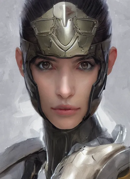 Image similar to a professional painting of a beautiful young female, clothed in stealthy military armor, olive skin, long dark hair, beautiful bone structure, symmetrical facial features, intricate, elegant, digital painting, concept art, smooth, sharp focus, illustration, from Metal Gear, by Ruan Jia and Mandy Jurgens and Artgerm and William-Adolphe Bouguerea