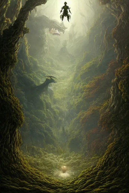 Image similar to a beautiful digital illustration painting of a detailed gothic fantasy valley and forest dragon technology scifi robot encroaching up nature fey unseelie, by benoit b. mandelbrot, steven belledin, martin johnson heade, lee madgwick, caspar david friedrich, and david rios ferreira. 8 k resolution trending on artstation concept art digital illustration