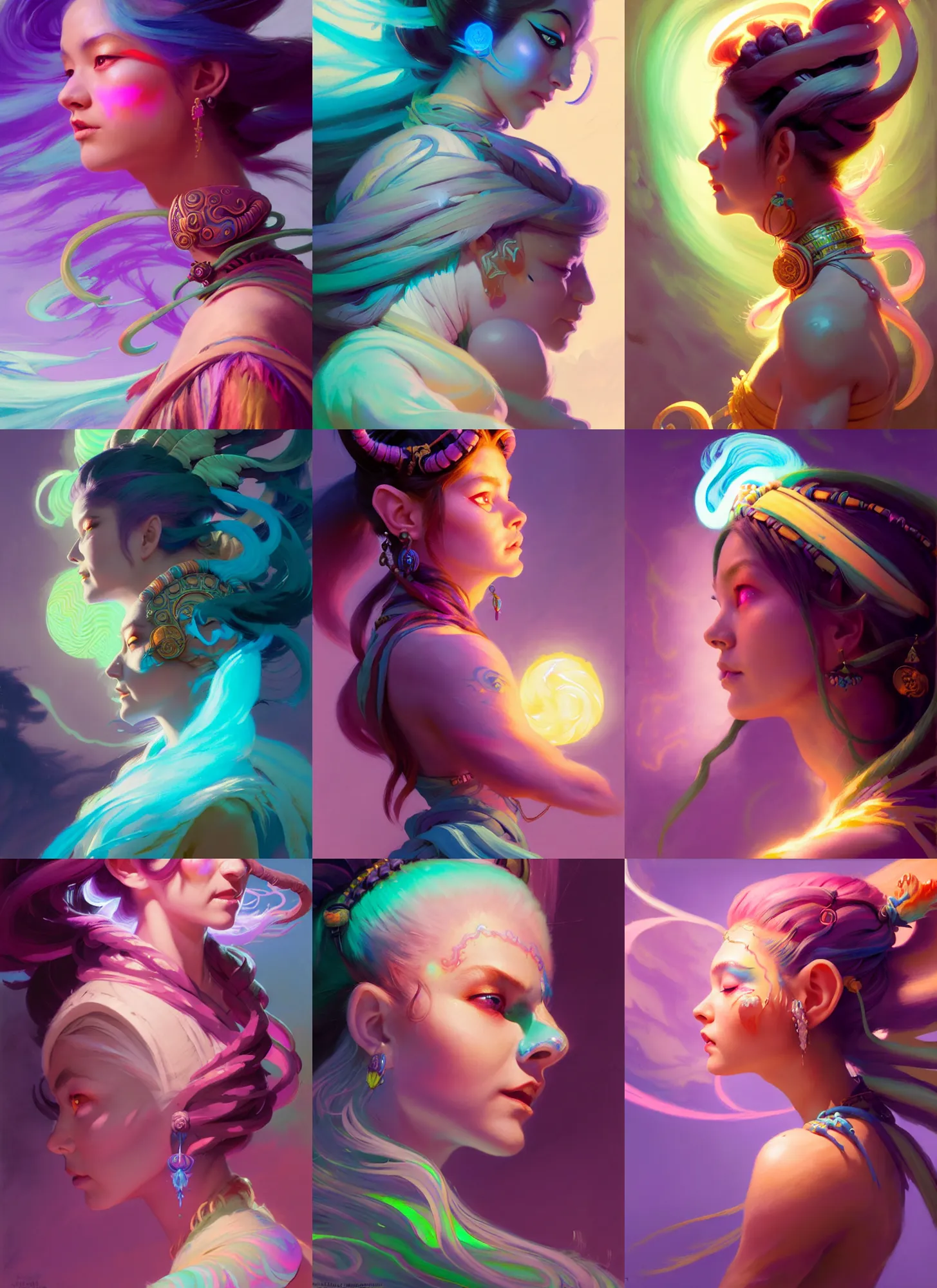 Prompt: side portrait, beautiful female gremlin shaman, gloomhaven, luminescent, colorful swirly magic ripples, pastel colors, by greg manchess, huang guangjian, gil elvgren, sachin teng, greg rutkowski, jesper ejsing, ilya kuvshinov