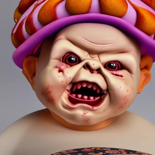 Prompt: birthday cake shaped like screaming chucky doll, octane render, centered