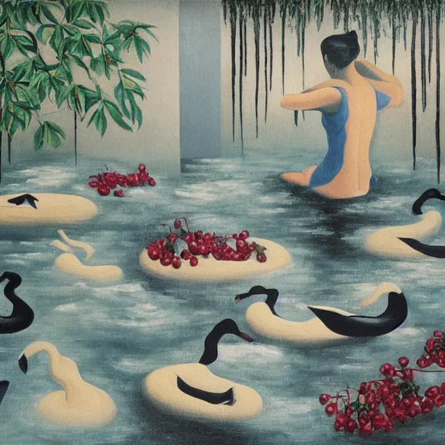 Image similar to painting of flood waters inside an apartment, tall female emo art student, a river flooding through a wall, tangelos, zen, pigs, ikebana, water, river, rapids, waterfall, black swans, canoe, pomegranate, berries dripping, acrylic on canvas, surrealist, by magritte and monet