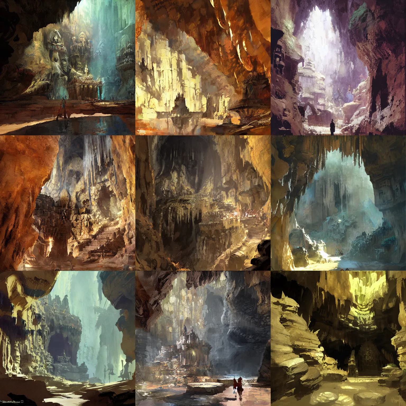 Prompt: temple inside huge cave, mystical, detailed by greg manchess, craig mullins, bernie fuchs, walter everett