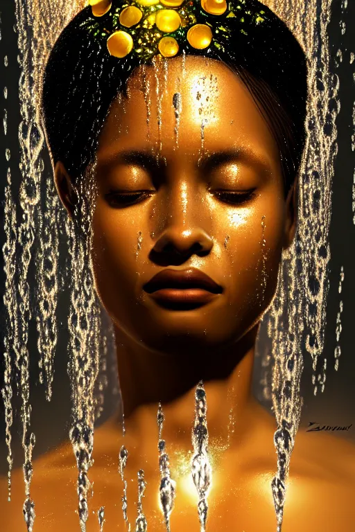 Image similar to hyperrealistic post - romantic cinematic very expressive! black oshun goddess, in water up to her shoulders, mirror dripping droplet!, gold flowers, highly detailed face, digital art masterpiece, smooth eric zener cam de leon chiaroscuro pearlescent teal light, tilt angle uhd 8 k, sharp focus