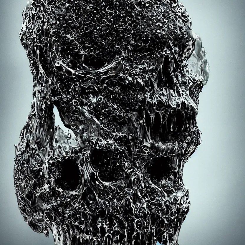 Image similar to a melting dripping human skull. ferrofluids, melted metal, burning water distortions. intricate abstract. intricate artwork. by Tooth Wu, wlop, beeple, dan mumford. octane render, trending on artstation, greg rutkowski very coherent symmetrical artwork. cinematic, hyper realism, high detail, octane render, 8k, depth of field, bokeh. iridescent accents