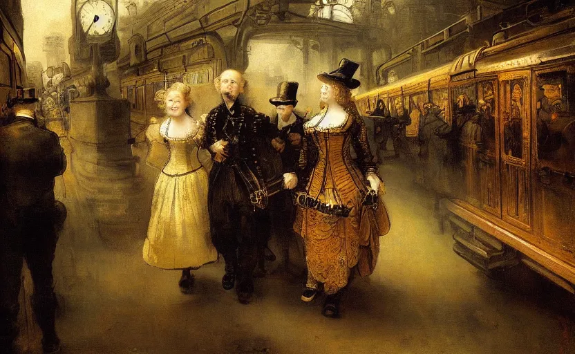 Prompt: A beautiful lady with blonde hair in a steampunk suit with a long skirt leaves the train of the Victorian era, by Rembrandt, horror scene, highly detailded