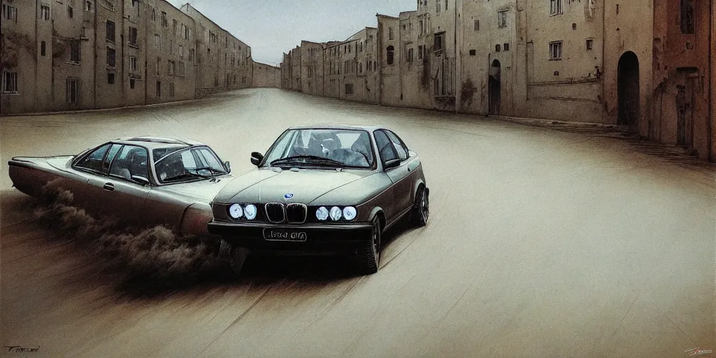 Prompt: bmw e 3 5 in full speed in a empty street, mad max kieth thomsen, zdzislaw beksinski