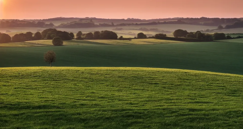 Prompt: an award winning landscape photo of the south downs in summer, showing a single tree on rolling hills, golden hour with blue skies in the style of finn hopson