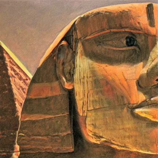 Prompt: an oil painting of the great sphinx of giza, with a human face