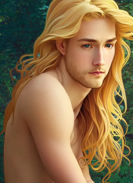 Image similar to pretty young man with shoulder length shiny shimmering golden blond hair, path traced, highly detailed, high quality, digital painting, by studio ghibli and alphonse mucha, leesha hannigan, disney