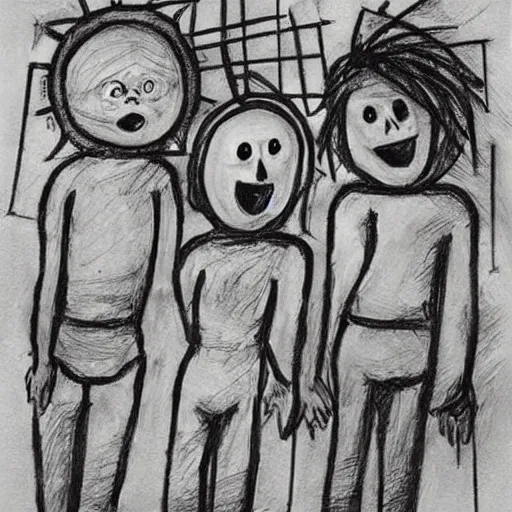 Image similar to abstract children’s drawing of the end of the world., horror,