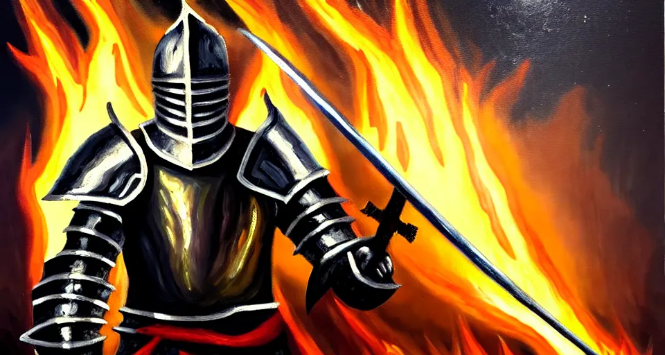 Image similar to An oil painting of a knight in dark metal armor wielding a flaming sword