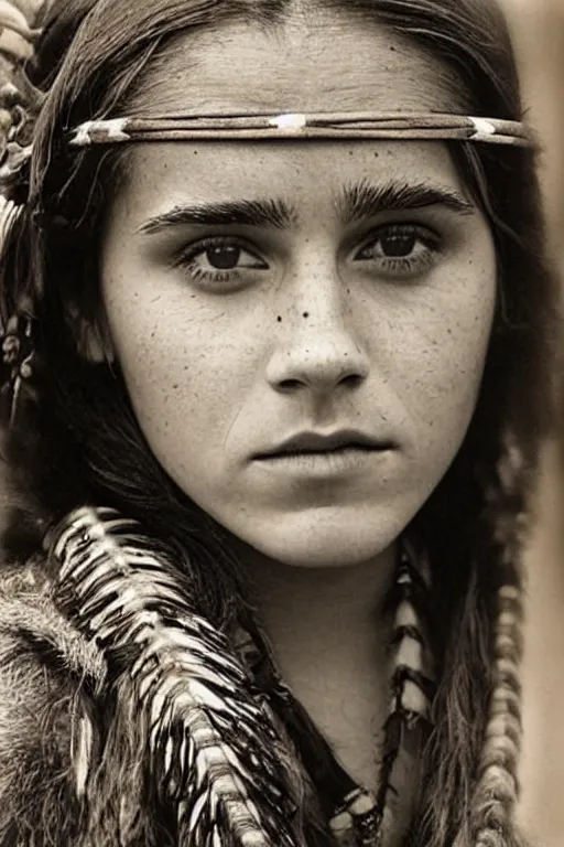 Image similar to “Photo of Native American indian woman Emma Watson, portrait, skilled warrior of the Apache, ancient, realistic, detailed, emma watson”