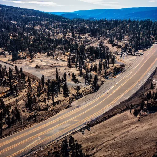 Prompt: Tilt shift photography, Big Bear Lake California, Ariel drone shot, Battlefield, war-torn landscape, fire, USAF Bombers, military, Battlezone